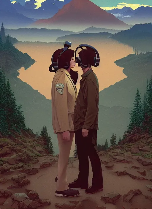 Prompt: Twin Peaks poster artwork by Michael Whelan and Tomer Hanuka, Rendering of The Conversation listening on old headphones, full of details, by Makoto Shinkai and thomas kinkade, Matte painting, trending on artstation and unreal engine