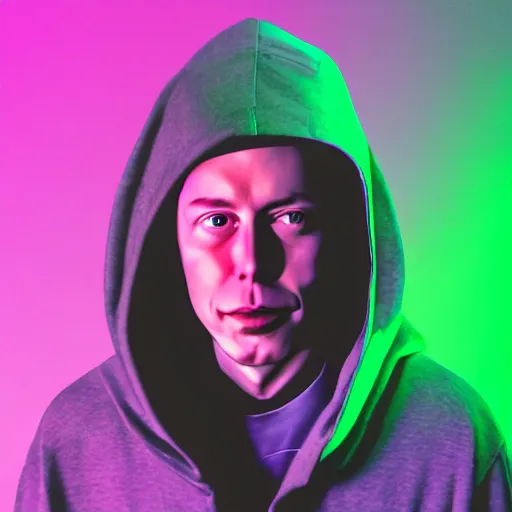 Image similar to elon in hoodie, portrait, vaporwave, synthwave, neon, vector graphics, cinematic, volumetric lighting, f 8 aperture, cinematic eastman 5 3 8 4 film, photorealistic