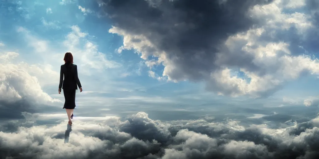 Image similar to realistic scene of a mysterious woman walking on a clouds while it's sunny, detailed, 1 4 5 0, delicate, hyper realism, ultra realistic, 8 k