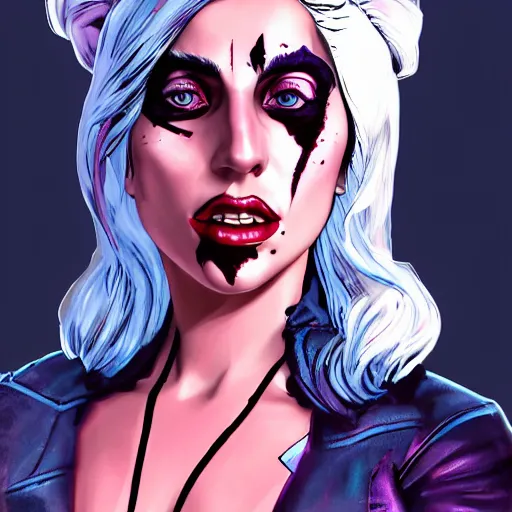 Image similar to lady gaga portrait, borderlands, tales from the borderlands, the wolf among us, comic, cinematic lighting, studio quality, 8 k