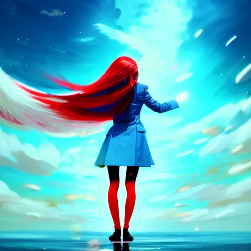 Image similar to giant droplets of water floating around a flying girl with wings, sky blue straight hair, low - angle shot from behind, red tailcoat, high collar, ultra fine detail, dark theme, digital painting, psychedelic, film still, cinematic, wlop, ilya kuvshinov, ross tran