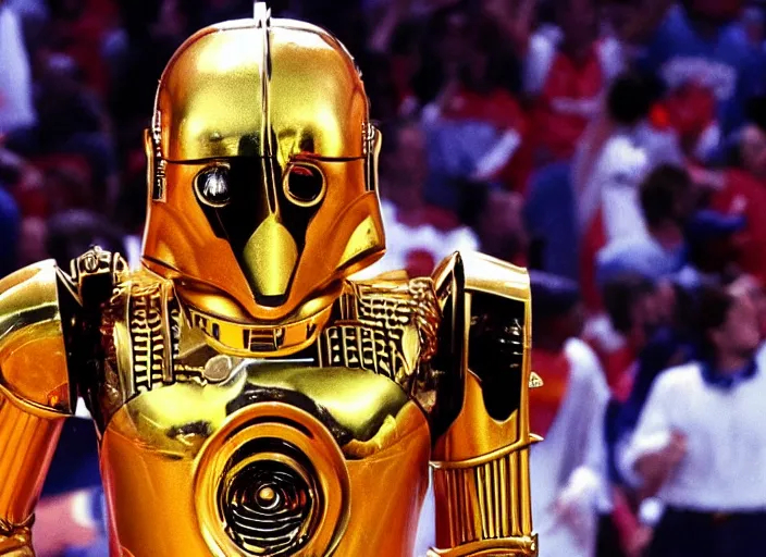 Image similar to ESPN still of C-3PO playing in the nba playoffs live on espn, 4k