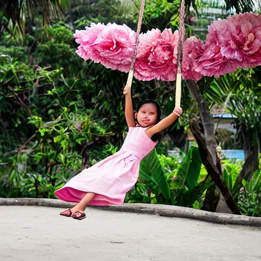 Prompt: A girl in a peony dress swings on a flower swing in Bali, style of Guo Hua