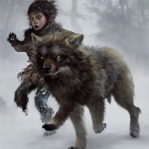 Prompt: a feral human child dressed in furs running with a pack of large wolves with intricate symbols of their fur. cinematic. detailed masterpiece. realistic. photo realism. cgsociety. by krenz cushart. ruan jia. jarold sng.