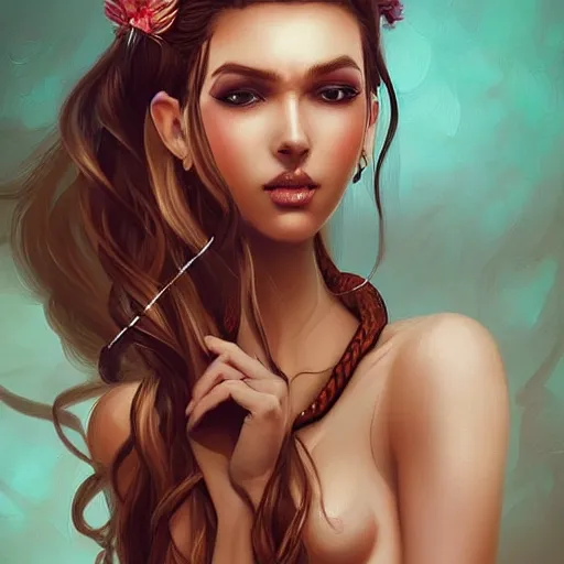 Prompt: a digital painting of a beautiful woman with snakes on her hair by artgerm, artstation, pinterest