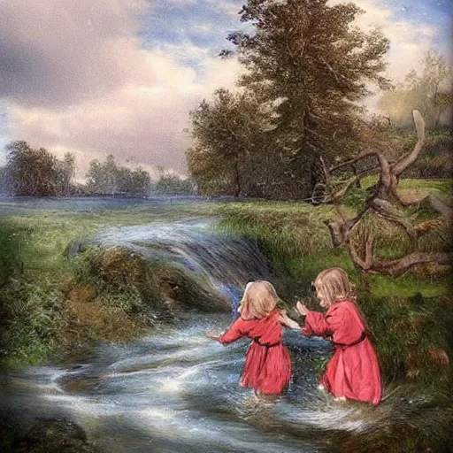 Image similar to medieval childs playing in a river, artwork, fantasy, nature, forest