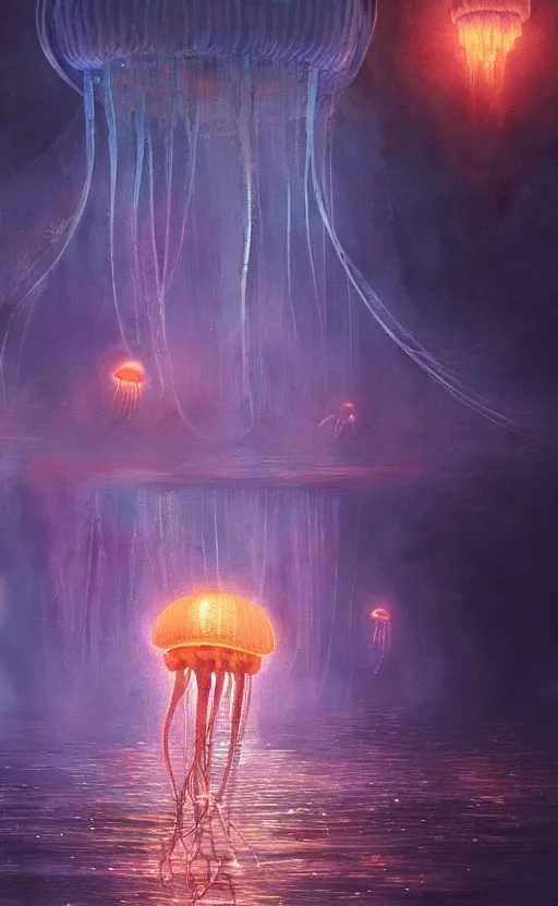 Image similar to glowing jellyfish immigration down a river, evocative, mystical night, detailed, award winning, masterpiece digital painting by Greg Rutkowski, Alex Grey, artstation, 4k wallpaper