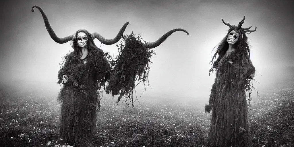 Prompt: portrait photography of flying tyrolean krampus alpine female farmer, hovering over the ground, horns on head, roots and edelweiss growing from head, fog, clothes made from hay, desaturated, fog, witch, wicca, 1. 2 f, 3 5 mm, dark, eerie, 1 9 2 0 s ghost photography