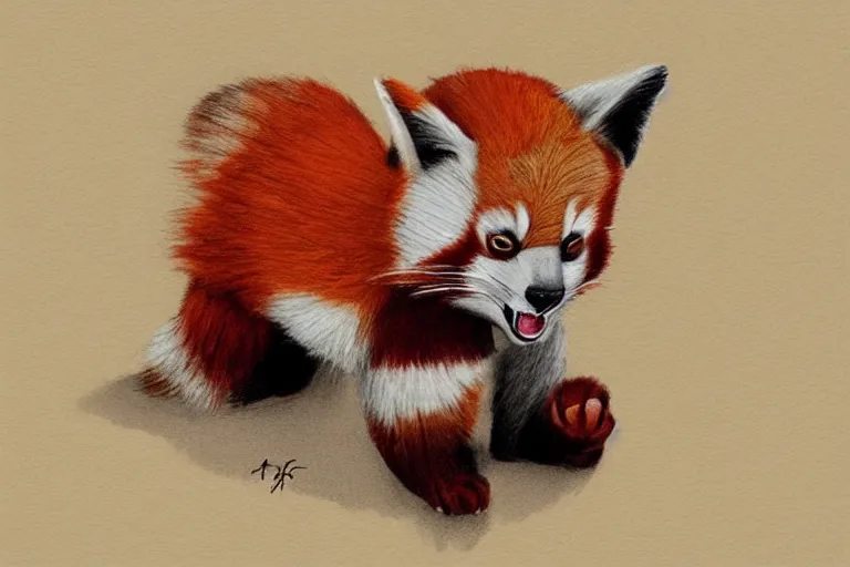 Image similar to cute cartoon drawing of a red panda waking up from bed yawning and stretching, character art, painting, trending on artstation