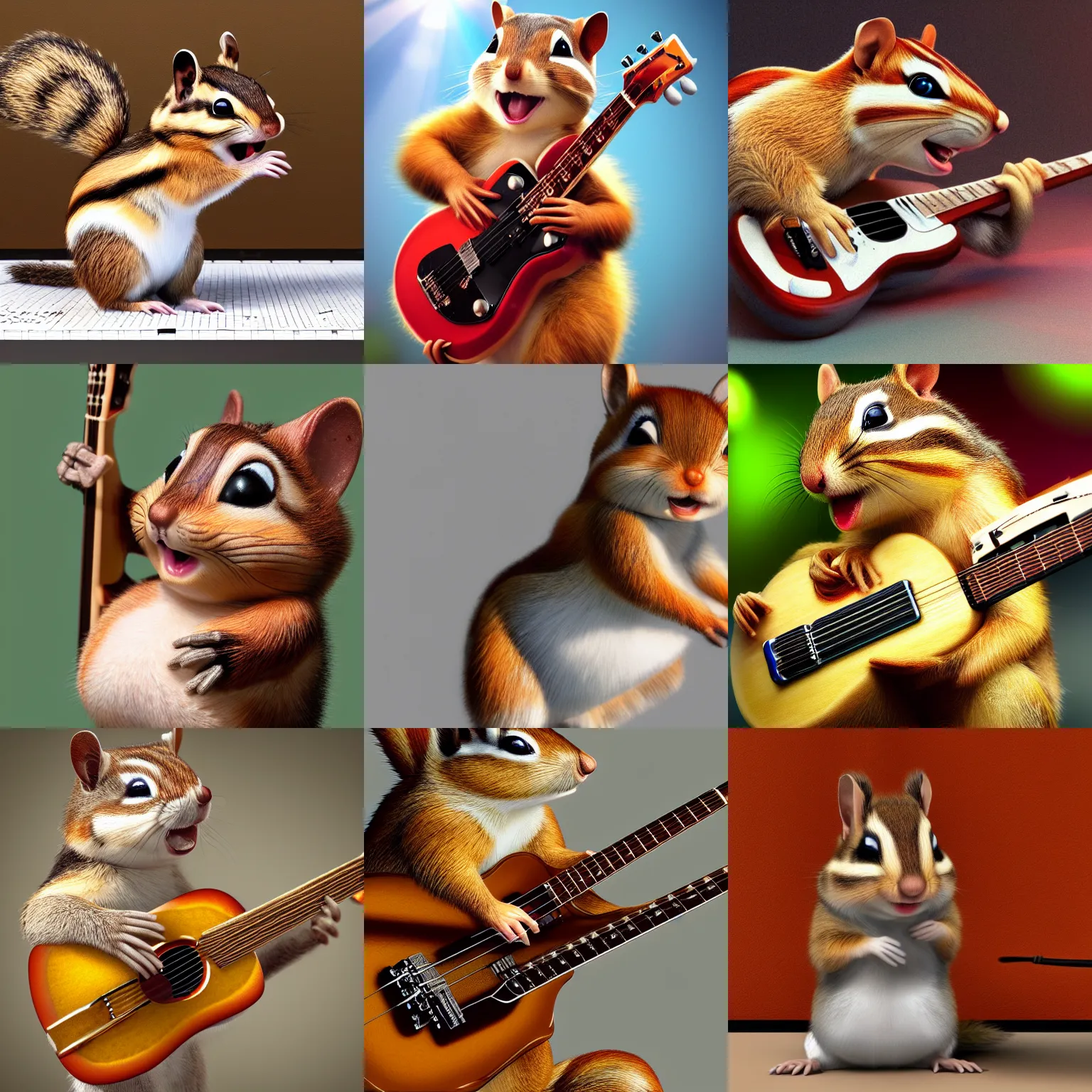 Prompt: a high quality photo of a chipmunk singing and playing electric guitar, render, ultra realistic, cgsociety