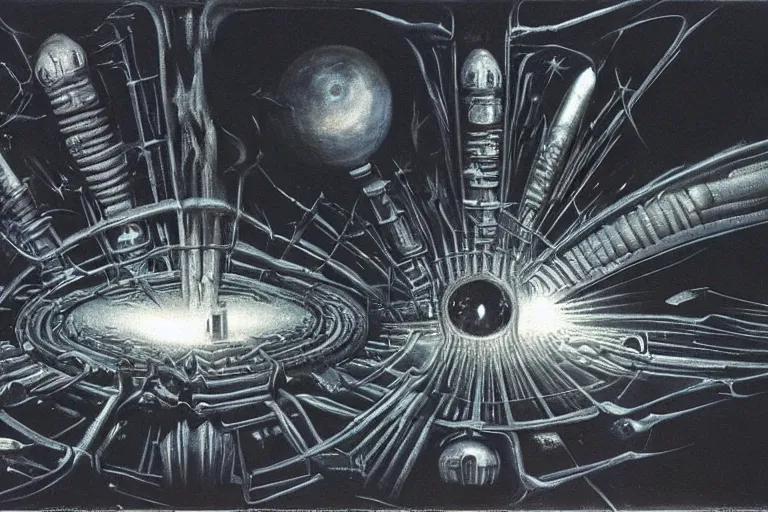 Image similar to painting by h. r. giger, infinite cosmos, blackhole sun, cosmic horror, warp space, sharp focus, unimaginable composition, incredible depth, void, oblivion