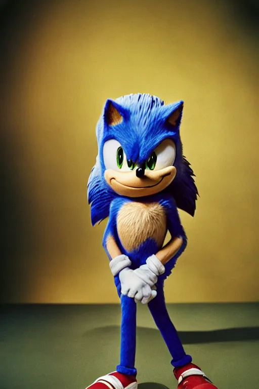 Prompt: Sonic the Hedgehog, 35mm, f2.8, award-winning, candid portrait photo, taken by annie leibovitz