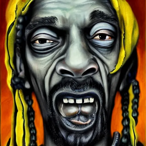 Image similar to snoop dog portrait screaming dementia creepy scary nightmare yelling horrifying, detailed, award winning,