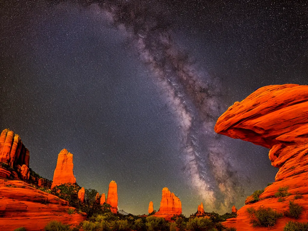 Image similar to long distance shot, sedona's cathedral rock bluff, night, milky way, intricate lines, elegant, extreme detail, sharp focus, photo realistic, ultra realistic, photographic