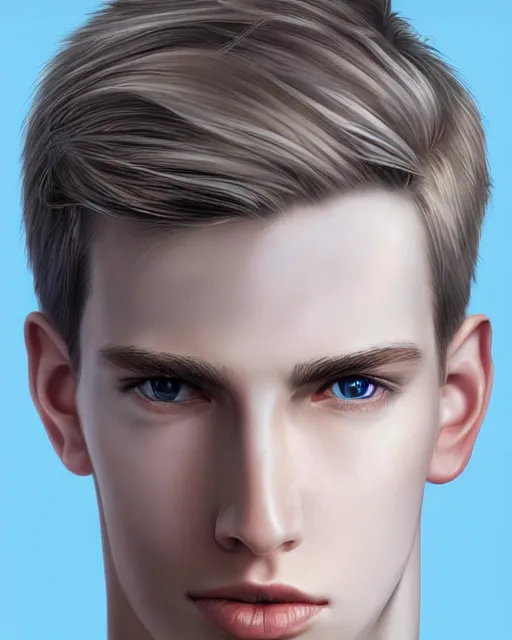 Image similar to portrait of 1 5 - year - old boy, a tall, slender boy with a pale, pointed face, sleek blond hair, and ice grey eyes, wearing in shirt, hyper realistic face, beautiful eyes, character art, art by mark brooks, hyperdetailed, cryengine, trending on artstation, digital art