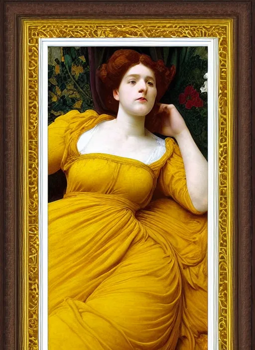 Image similar to portrait of lady reclining on bed wearing yellow ochre ornate medieval dress, foreshortening, framed, preraphaelite colour photography by frederic leighton, william morris, 8 k