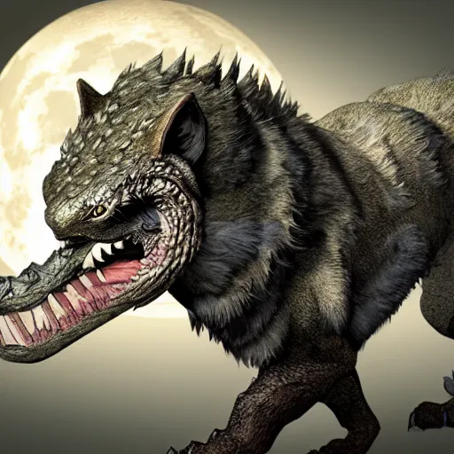 Image similar to Furred chimera with crocodile's body and a wolve's head, concept art, illuminated by full moon, professional photoshop artwork, highly detailed