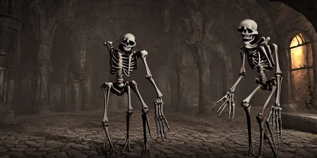 Prompt: cinematic of a dark crypt scene with a living skeleton wearing armor, highly detailed, inspired by Tim Burton, Unreal Engine 4k