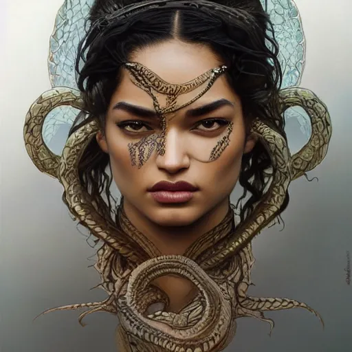 Image similar to Shanina Shaik as Medusa, frowning, scowl, snakes for hair, intricate, elegant, highly detailed, digital painting, artstation, concept art, smooth, sharp focus, illustration, art by artgerm and greg rutkowski and alphonse mucha