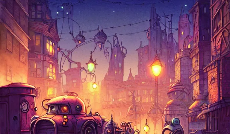 Image similar to fantasycore. magic the gathering art. street view of 1950s machinarium cityscape at night by michael whelan and naomi okubo and dan mumford. cute 1950s robots. cel-shaded. glossy painting.