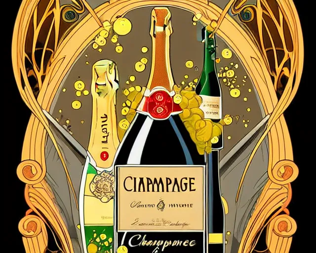 Image similar to art nouveau style champagne commercial, artstation, illustration, bright, cheerful, detailed and intricate environment