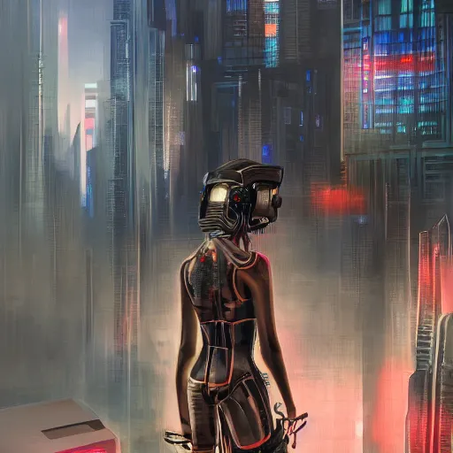 Image similar to hd photo of futuristic cyberpunk city digital painting style of Jeszika Le Vye