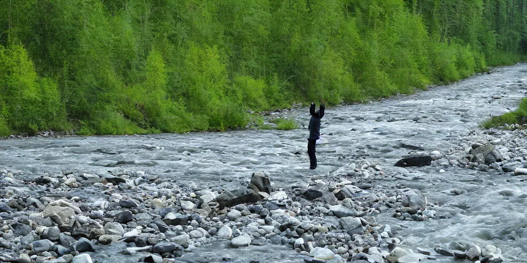 Prompt: the Kushtaka stalking a river in alaska !dream