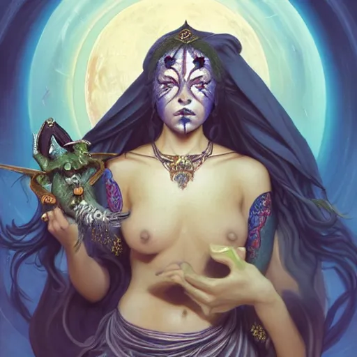 Prompt: portrait painting of a beautiful moon goddess, wearing a dark hooded robe, sacred tattoos on her face, smirking, holding a giant astral scyther, moon colours, glowing reality, ultra realistic, concept art, intricate details, mystical, highly detailed, photorealistic, octane render, 8 k, unreal engine. art by artgerm and greg rutkowski and alphonse mucha