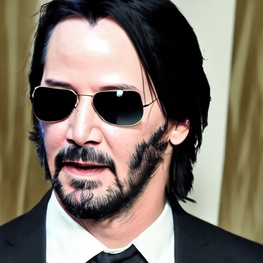 Prompt: keanu reeves wearing sunglasses and white golden tuxedo cinematic photoshoot high quality highly affordable photo realistic 8 k hd