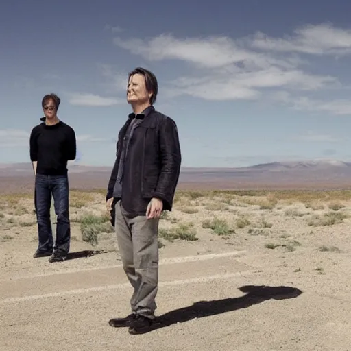 Prompt: Hideo Kojima and Christopher Nolan in Breaking Bad film still