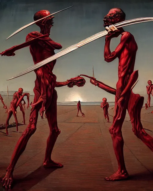 Image similar to hyperrealistic hyperdetailed fork battle war concept art santiago caruso de chirico sharp very dramatic crimson light 8k low angle shallow depth of field