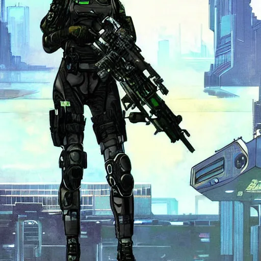 Image similar to Selina. USN special forces futuristic recon operator, cyberpunk military hazmat exo-suit, on patrol in the Australian autonomous zone, deserted city skyline. 2087. Concept art by James Gurney and Alphonso Mucha