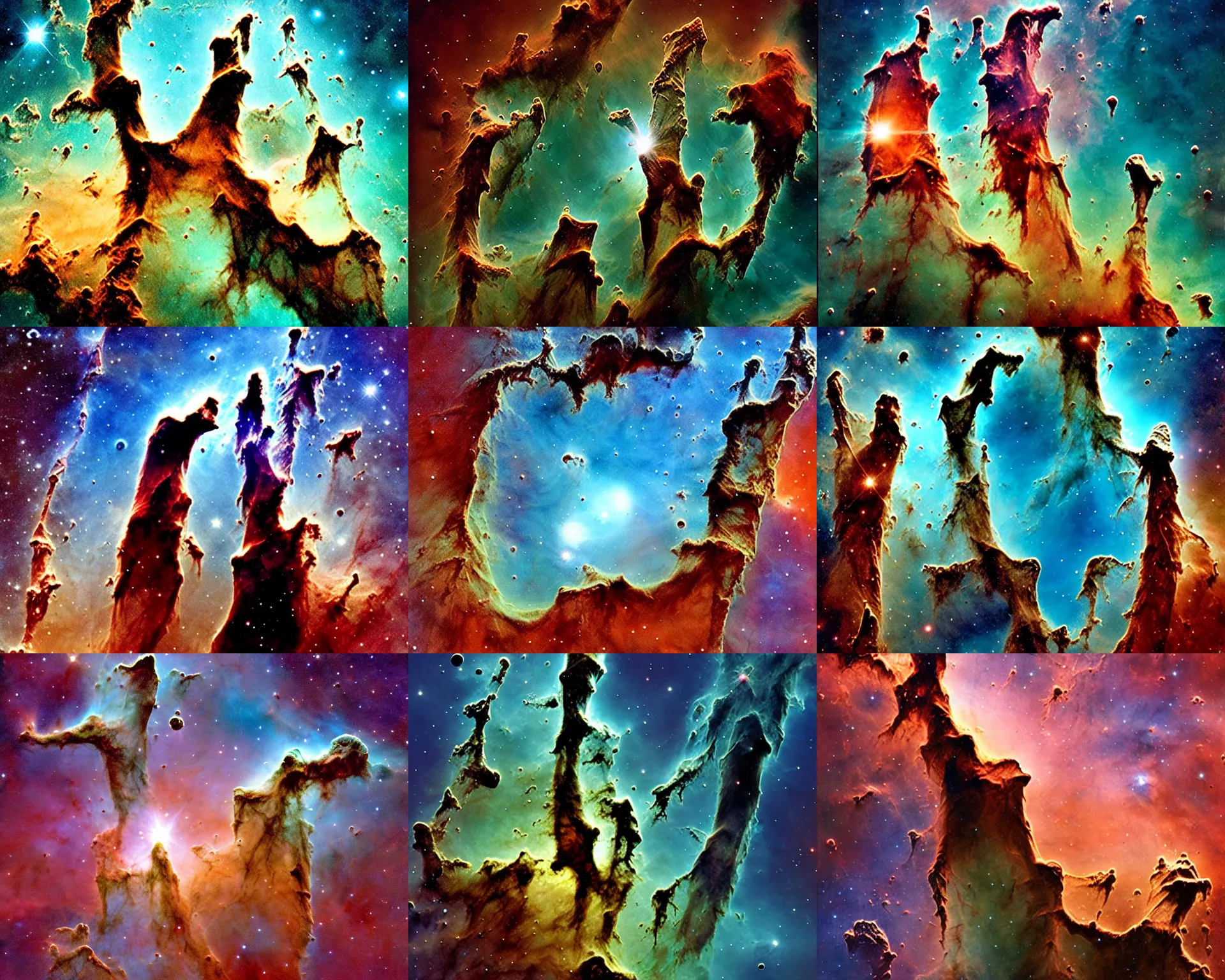 Prompt: view from bizarre alien planet looking up at pillars of creation nebula, style of Don Maitz