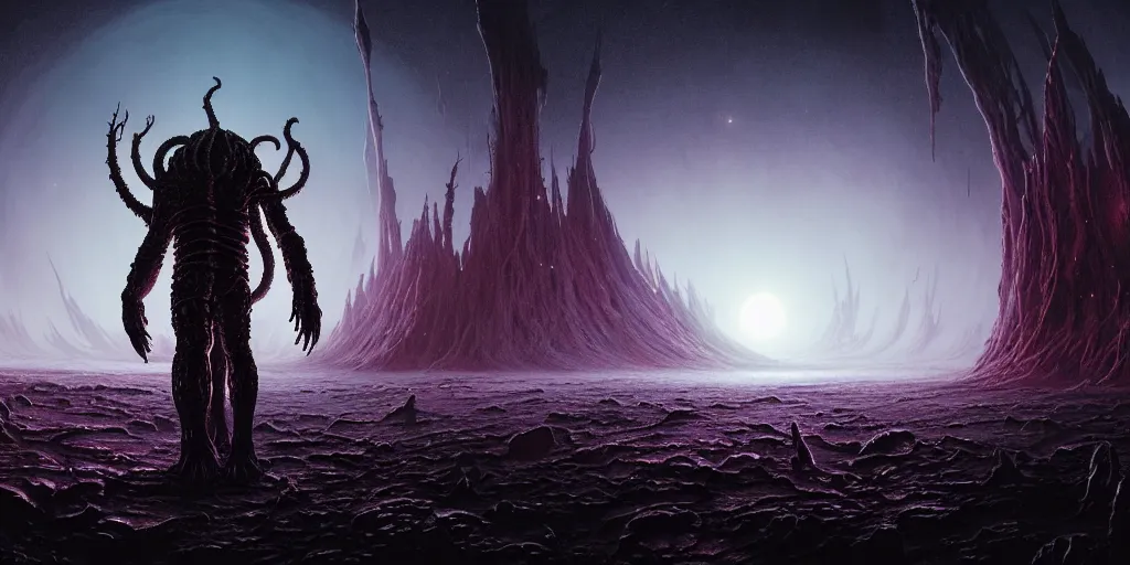 Prompt: stunning monstrous cosmic horror great old ones with space in the background!! lovecraftian horror, dead space horror!! cinematic lighting, muted colours, digital art, winning award masterpiece, fantastically beautiful, aesthetically inspired by wayne barlowe and gerald brom, trending on artstation, art by greg rutkowski, octane render, unreal engine, 8 k