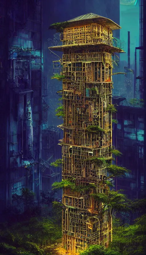 Prompt: a beautiful detailed highly detailed tower abandoned unfinished building city industrial architecture by peter zumthor, at night morning sun nature gem lake reclaimed by nature cyberpunk vice city rainforest elysian uv light neon signs, archdaily, wallpaper, highly detailed, trending on artstation.