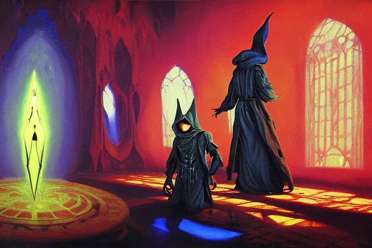 Image similar to A beautiful-masterpiece-painting of a technomancer-wizard-in-robes-with-pointed-hood discussing-sentience with his synthesized-Al-djinn in his laboratory near a computer (by Remedios Varo and Anato Finnstark and Greg Rutkowski), (dayglo pink, dayglo blue, dazzle camouflage), 8k, trending on ArtStation