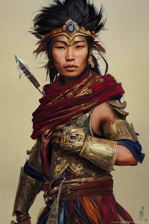 Image similar to Tibetan warrior, portrait, fierce, intricate, elegant, volumetric lighting, scenery, digital painting, highly detailed, artstation, sharp focus, illustration, concept art, ruan jia, steve mccurry