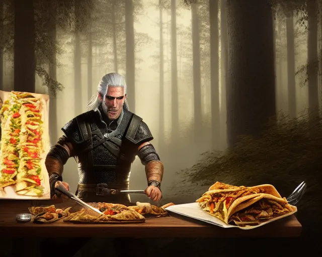 Prompt: 5 5 mm portrait photo of geralt of rivia serving shawarma, in a magical forest. dark atmosphere. art by greg rutkowski. highly detailed 8 k. intricate. lifelike. soft light. nikon d 8 5 0.