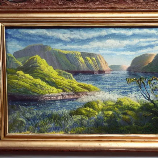 Image similar to painting of a lush natural scene on an alien planet by emma webster. beautiful landscape. weird vegetation. cliffs and water.