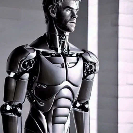 Image similar to “a realistic detailed photo of a guy who is an attractive humanoid who is half robot and half humanoid, who is a male android, Chris Hemsworth, shiny skin, posing like a statue, blank stare”