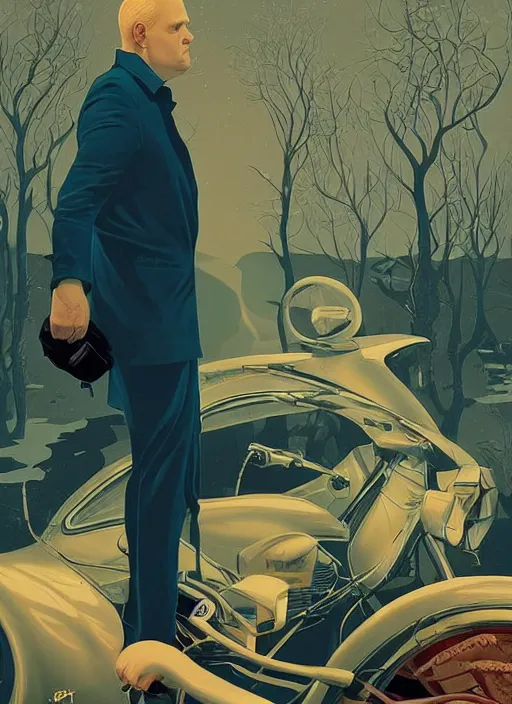 Image similar to poster artwork by Michael Whelan and Tomer Hanuka, Karol Bak of Jim Gaffigan hitman in peacoat from scene from Twin Peaks, clean, simple nostalgic, domestic