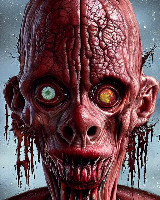 Image similar to Haunting horrifying hyperrealistic detailed painting of a tall slim flesh extraterrestrial creature covered in thick black blood, heavy metal, disgusting, creepy, unsettling, and bloodshot eyeballs, hyper detailed, trending on Artstation