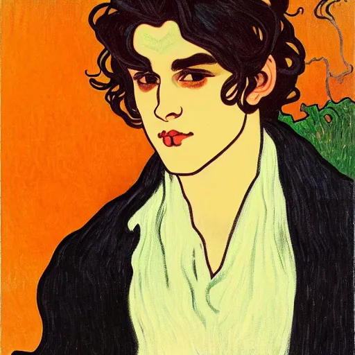 Image similar to painting of young cute handsome beautiful dark medium wavy hair man in his 2 0 s named shadow taehyung at the halloween pumpkin jack o'lantern party, melancholy, autumn colors, japan, elegant, clear, painting, stylized, delicate, soft facial features, delicate facial features, soft art, art by alphonse mucha, vincent van gogh, egon schiele