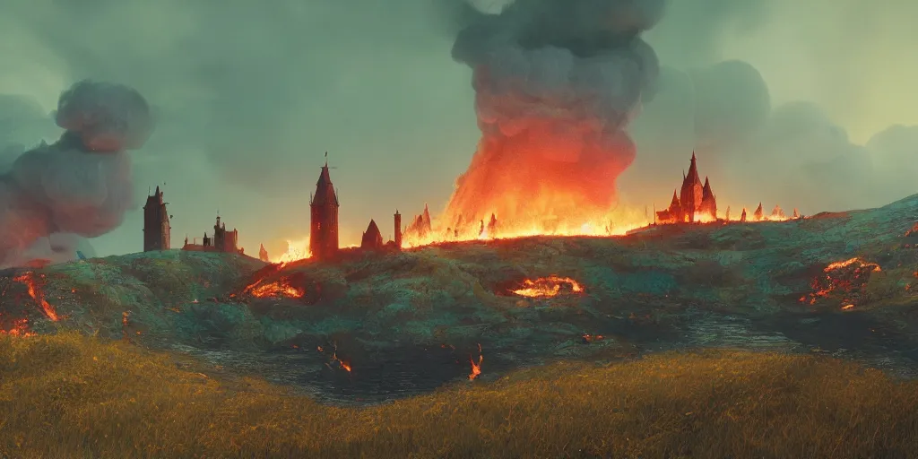 Prompt: a royal medieval castle on fire, in the distance, on top of a hill, burning down, intense flames, landscape by simon stalenhag, rendered by beeple, by makoto shinkai, digital art