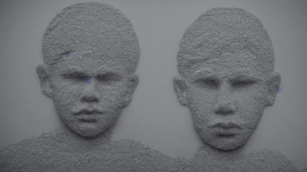 Image similar to sand art intrigued portrait of a sad young dude 3 7 years old