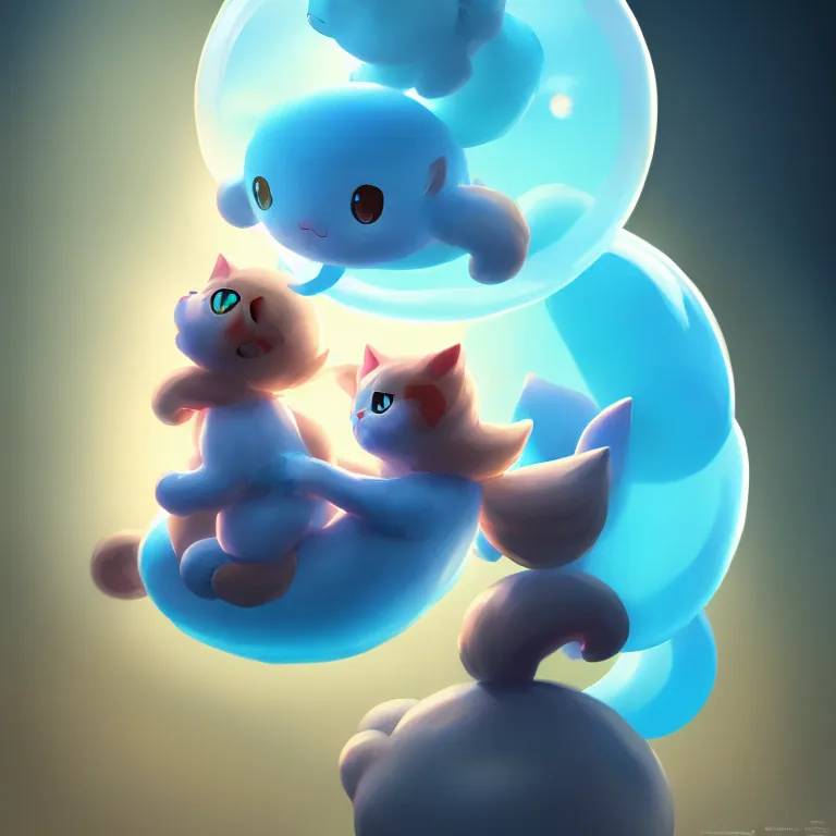 Image similar to cinematic portrait of cute Mew riding large blue bubble, oil on canvas, masterpiece, trending on artstation, featured on pixiv, cinematic composition, dramatic pose, beautiful lighting, sharp, details, hyper-detailed, HD, HDR, 4K, 8K