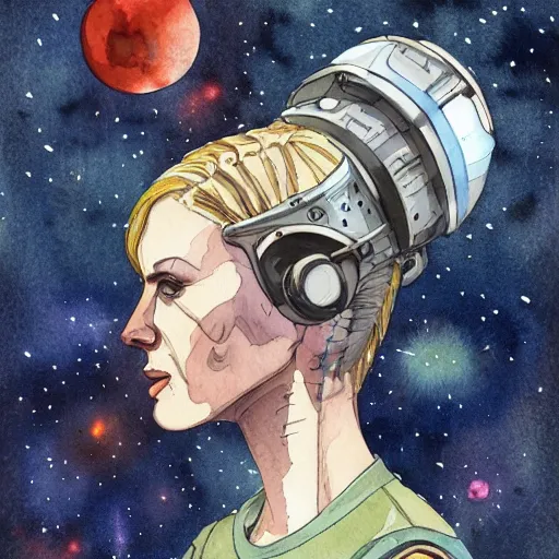 Prompt: detailed colorful watercolor of square - jawed emotionless serious blonde woman starship engineer, tribal tattoos, handsome, short slicked - back hair, sweating, uncomfortable and anxious, looking distracted and awkward, wearing victorian dark goggles, dirty white tank top, cargo pants, and gloves, small spacecraft in background, highly detailed, david mack, trending on artstation