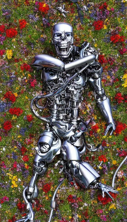 Image similar to destroyed terminator lying in a field of flowers, twisted metal, chrome, reflections, anthropomorphic, photorealism, smoke, metal, 8 k, surreal, wires, smooth, sharp focus, top view, extremely detailed, hyperrealism, elegant, establishing shot, by jeff koons, artgerm and greg rutkowski