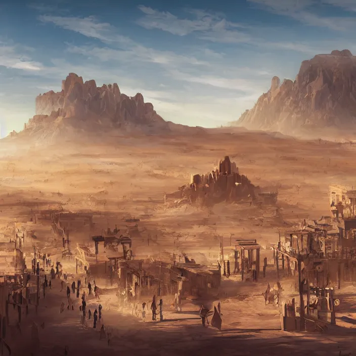 Prompt: old western style city bustling with people in the middle of a sandy flat desert with a single mountain on the very distant horizon. magic the gathering art, digital media