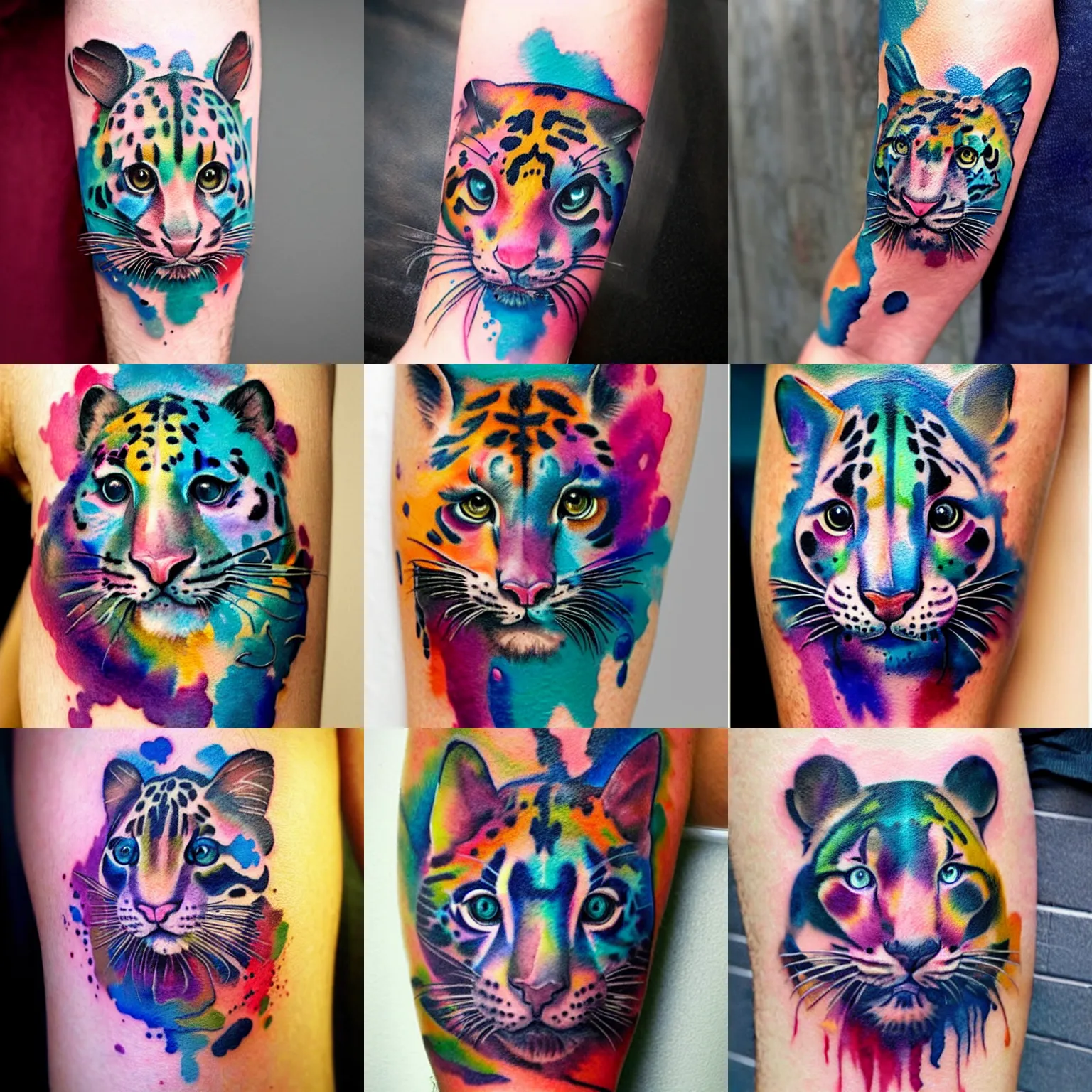 Prompt: beautiful watercolor clouded leopard tattoo design, vibrant colors, by Javi Wolfe